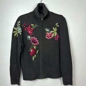 Tiara International Gray Floral Embroidered Cotton Blend Zip Up Cardigan Size M